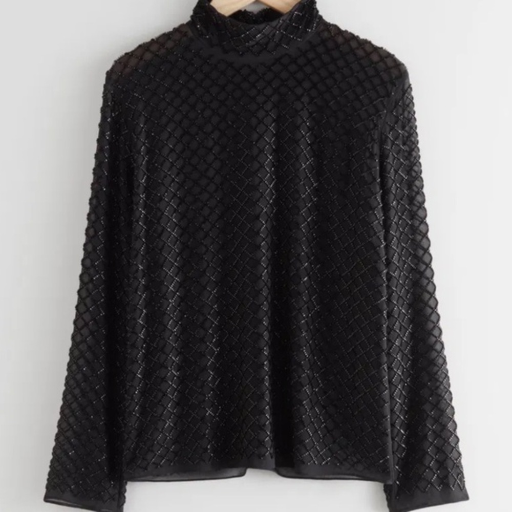 Black Tie Front Sequin Formal Blouse with Long Sleeves